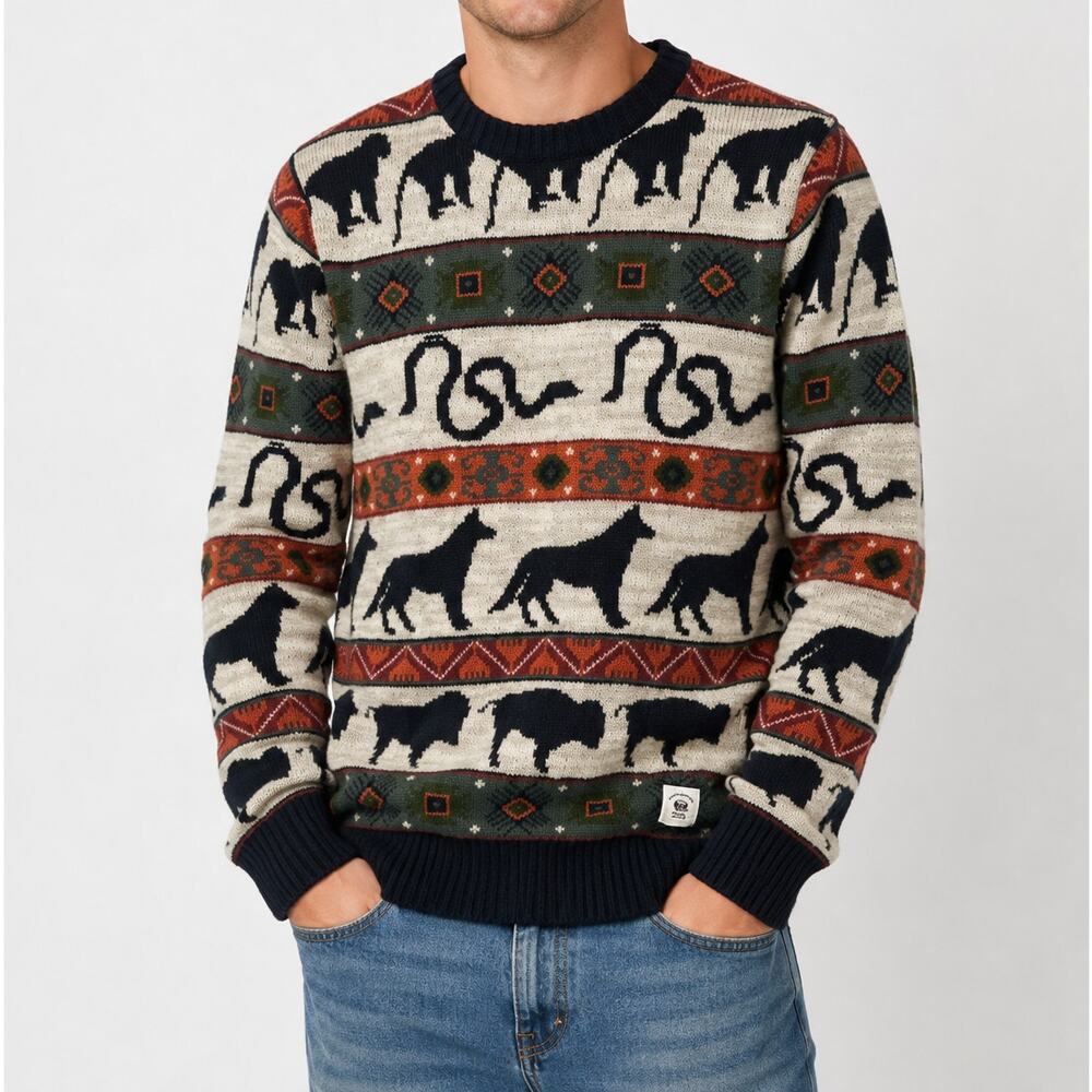Bellfield Men's Animal Crewneck Sweater Wool Blend Fair Isle Nordic Pullover